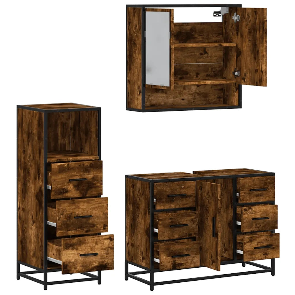Set Mobili da Bagno 3 pz Rovere Fumo in Legno Multistrato