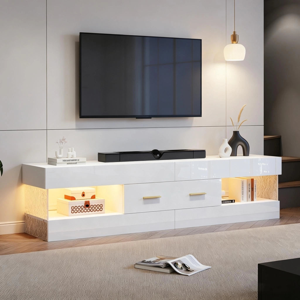 Mobile porta TV con LED, 2 cassetti e 4 vani aperti, in truciolare bianco lucido, per soggiorno, 152 × 35 × 40 cm