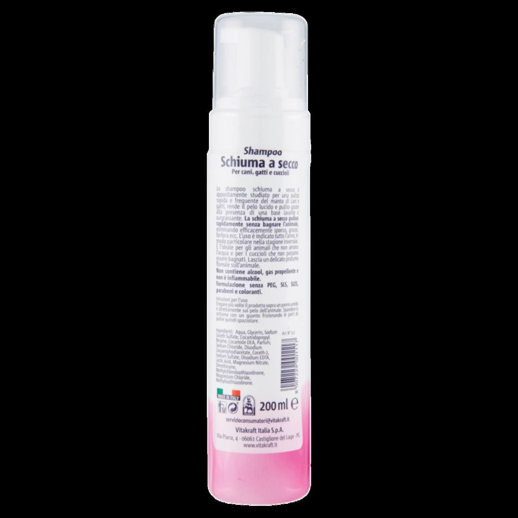 SHAMPOO SCHIUMA A SECCO PROFUMO FLOREALE PER CANI GATTI E CUCCIOLI 200 ML