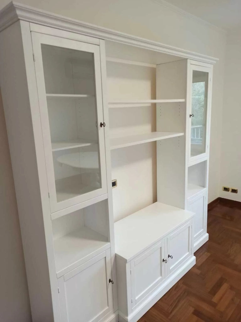Parete attrezzata in legno arte povera bianca l.225x50x220 (575) - Mobili 2G
