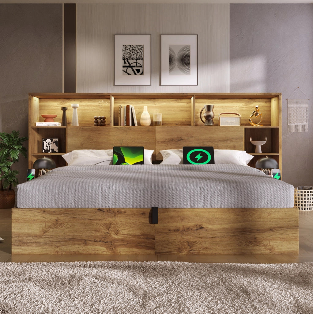 Letto matrimoniale 160x200 cm effetto rovere con contenitore, LED, USB e comodini