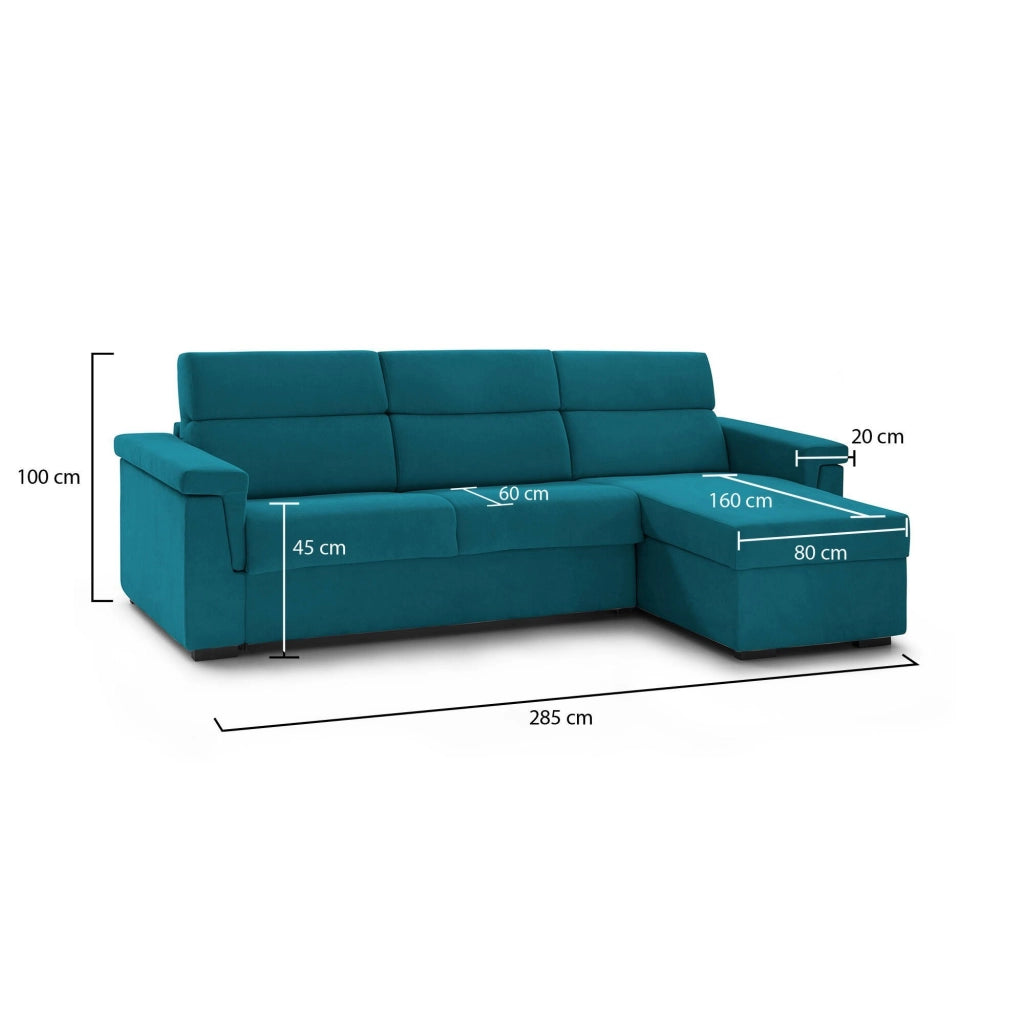 Cintano, Divano Fisso con Penisola Sfoderabile Made in Italy, 285x160 cm Azzurro