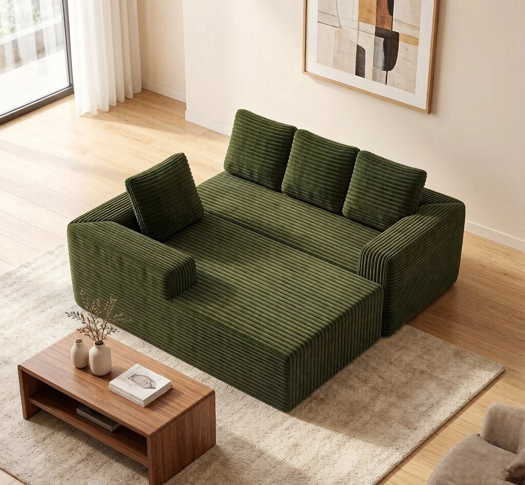 Divano modulare a L con chaise longue reversibile; verde; 104x36x36 cm