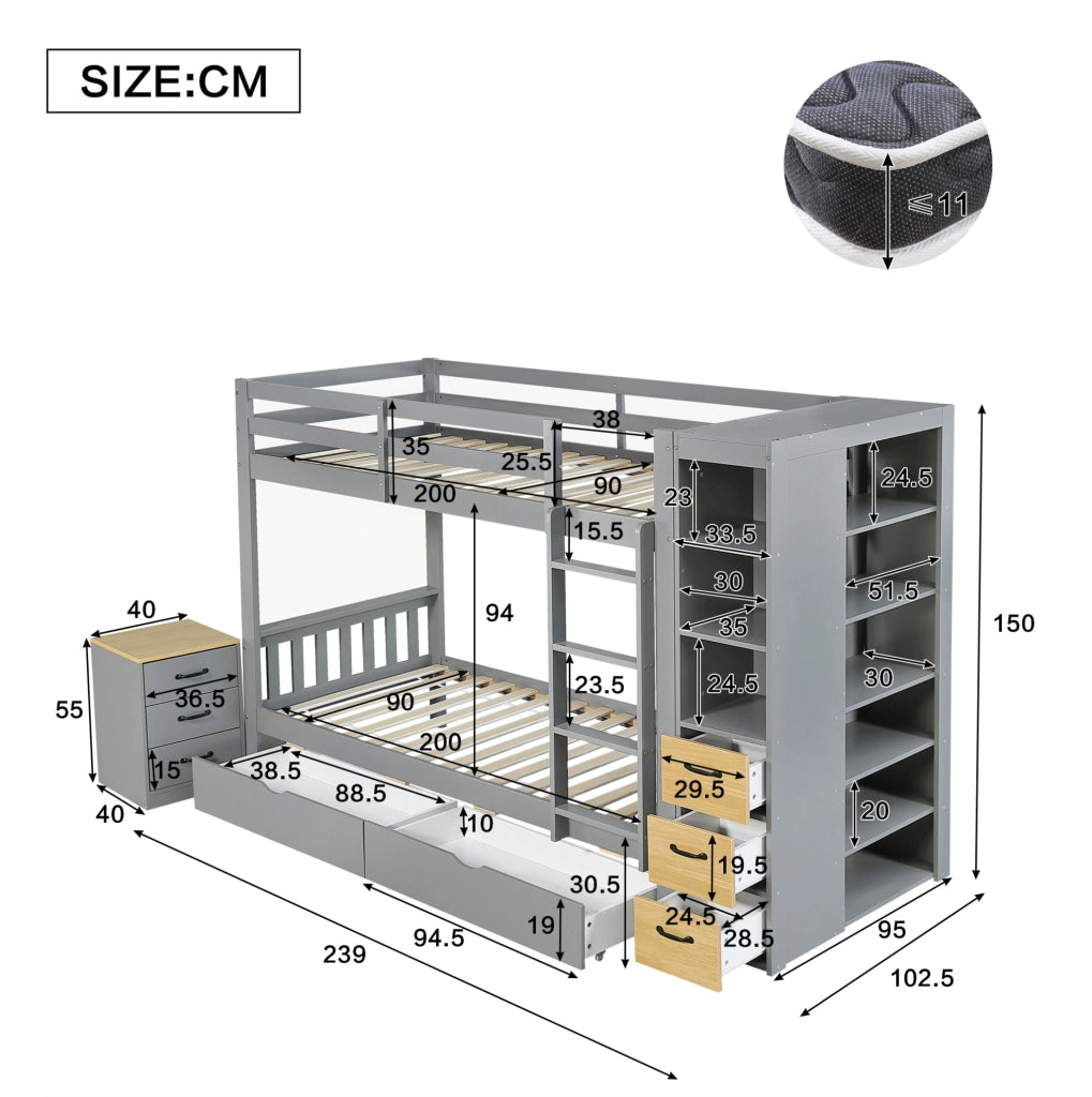 Letto a Castello Grigio in Legno 90x200 cm con Cassettoni, Scaffale Laterale e Comodino Mobile