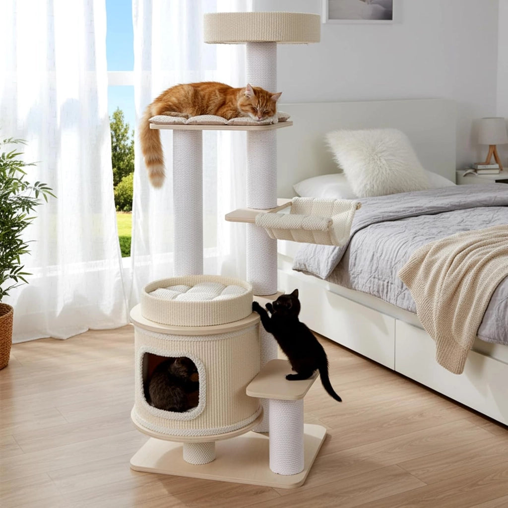 Albero per Gatti Alto 151 cm, Tiragraffi per Gatti con Comodo Poggiapiedi Imbottito, Condo a 2 Piani, Tappetini Morbidi Rimovibili, Posti Graffianti, Amaca Accogliente
