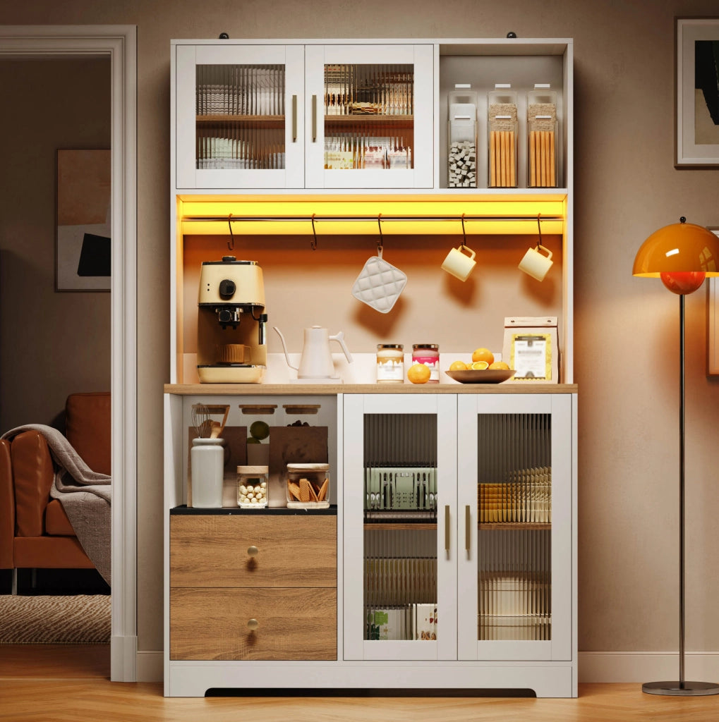 Credenza alta da cucina 178 cm con LED; prese USB; ante in vetro temperato; bianco naturale