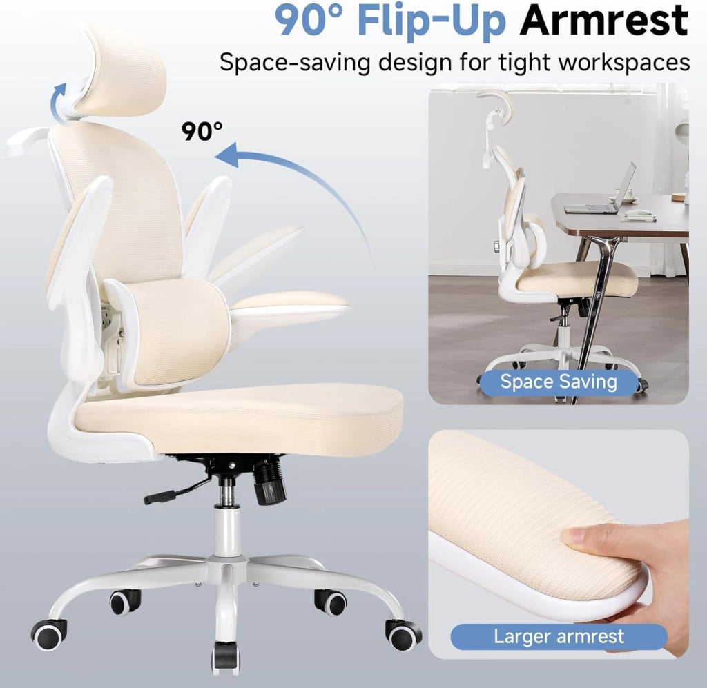 Sedia da ufficio ergonomica, con poggiatesta 3D e supporto lombare, design con gancio integrato, braccioli pieghevoli, cuscino imbottito, carico fino a 150 kg