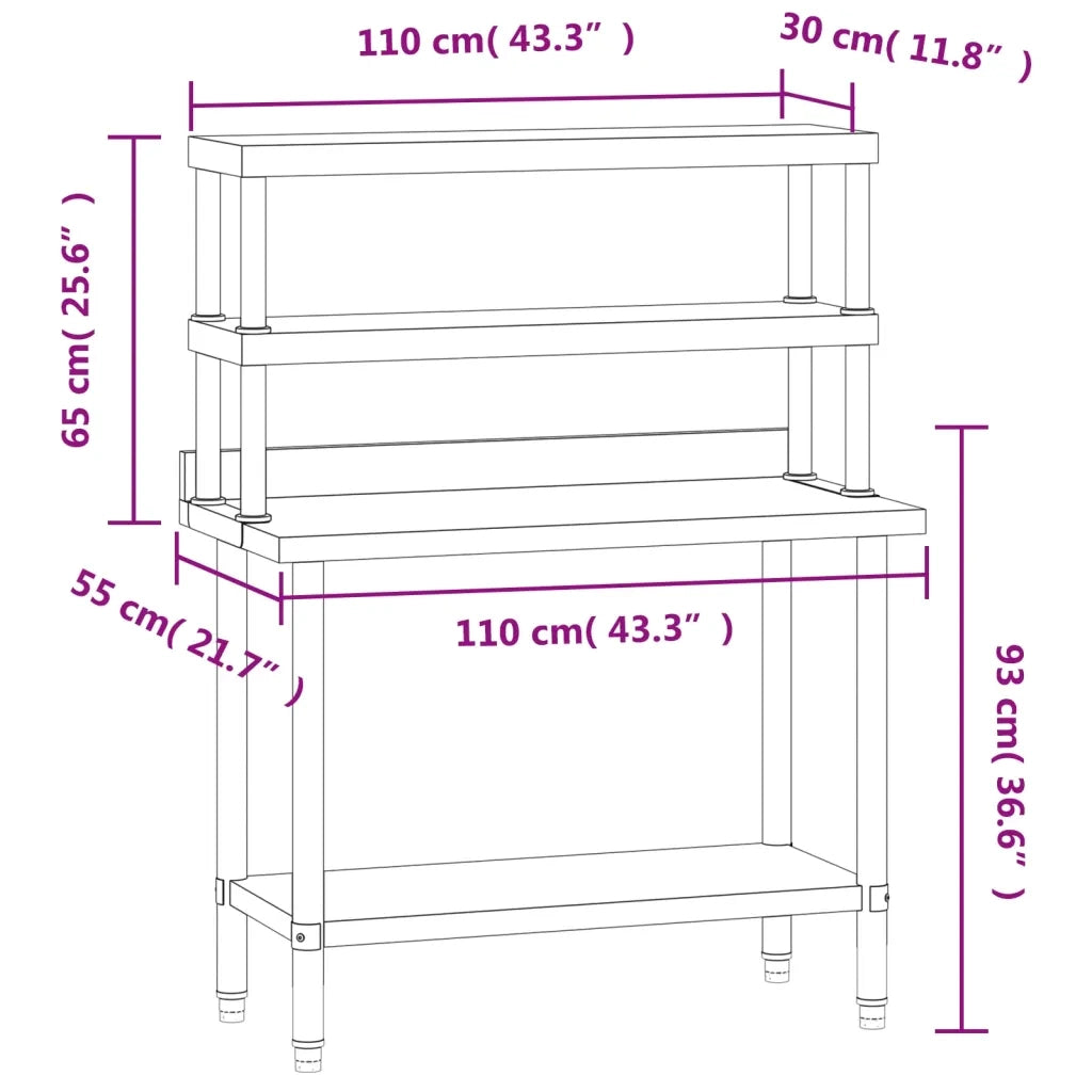 Tavolo Lavoro Cucina con Ripiano 110x55x150 cm Acciaio Inox CFW8737649