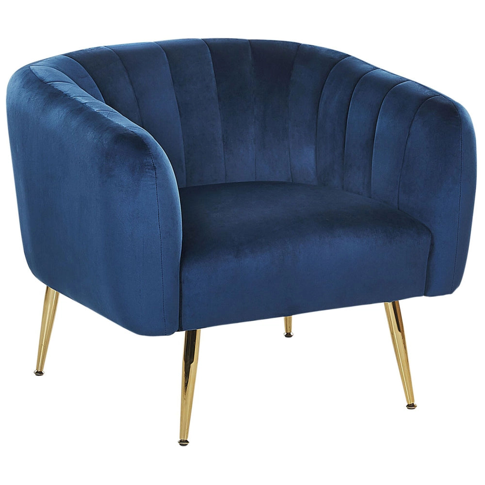 Poltrona Velluto Blu Struttura In Metallo Dorato Con Schienale Tondo Stile Glam