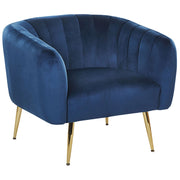 Poltrona Velluto Blu Struttura In Metallo Dorato Con Schienale Tondo Stile Glam