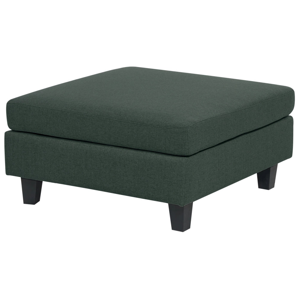 Divano componibile a 5 posti imbottito lato destro in tessuto verde scuro con gambe nere e pouf stile moderno