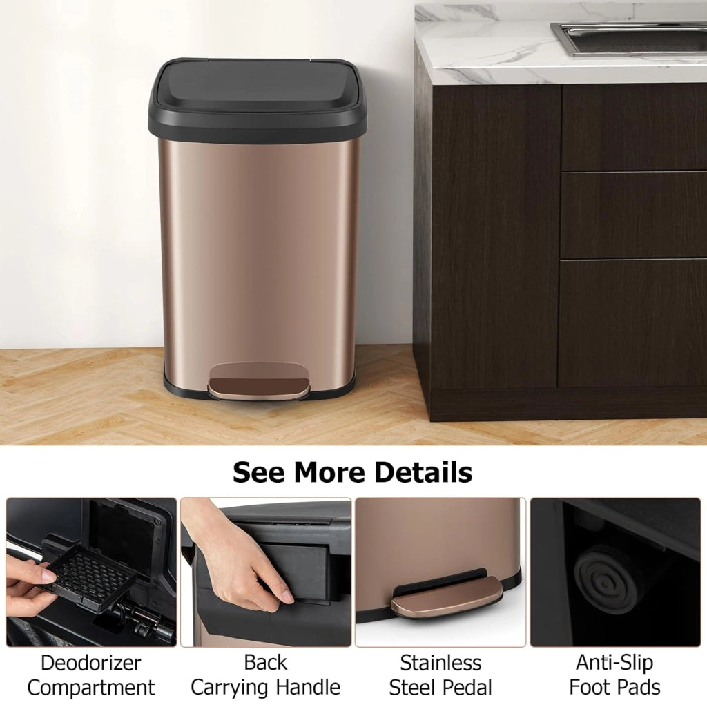 Pattumiera da Cucina da 50 L, con Coperchio e Pedale, in Acciaio Inox e Plastica, con Scomparto per Deodorazione, 41 x 39 x 61 cm (Rosa Dorato, 50L)