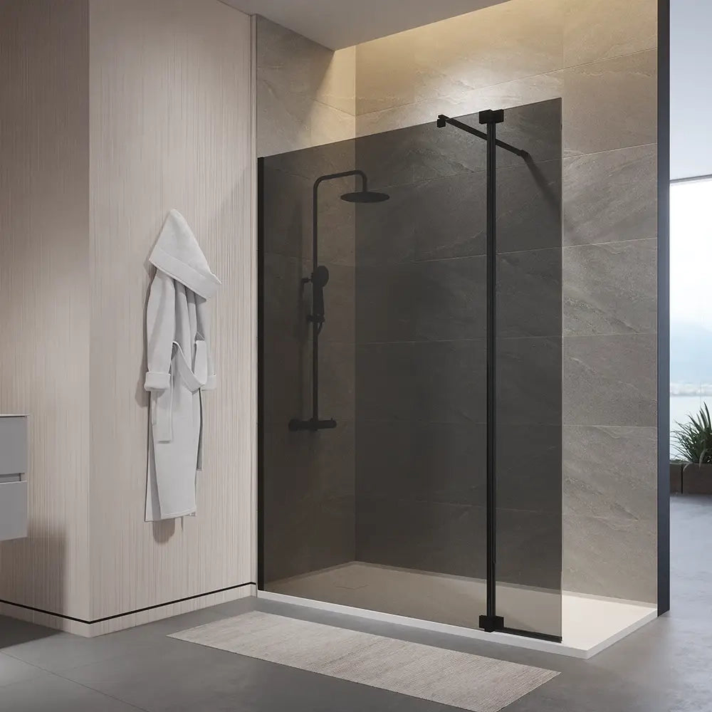 Doccia walk-in 100cm + anta 30cm vetro temperato anticalcare 10mm fumé profili neri | Naxos