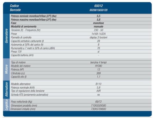 Generatore corrente carrellato Hyundai HY5500 - 13Hp - Potenza max 5.5Kw  - 28Lt