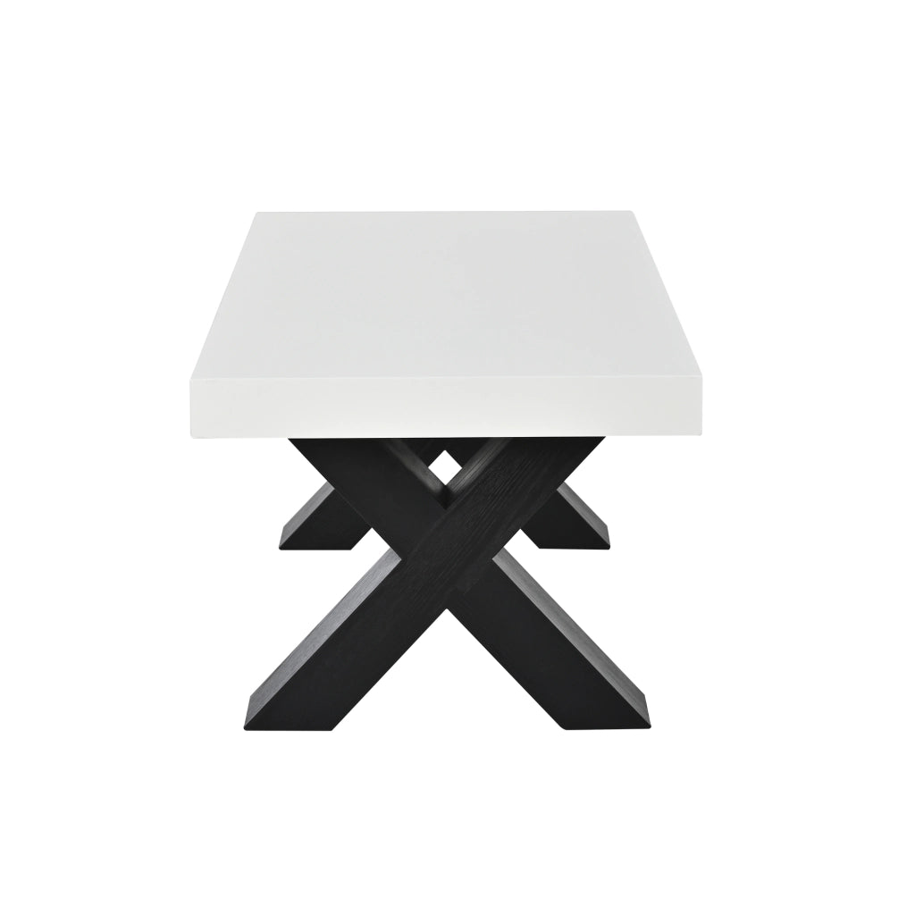 Tavolino da salotto rettangolare con 2 gambe a X; piano laccato lucido; per soggiorno e balcone; MDF bianco nero 100 × 50 × 40 cm