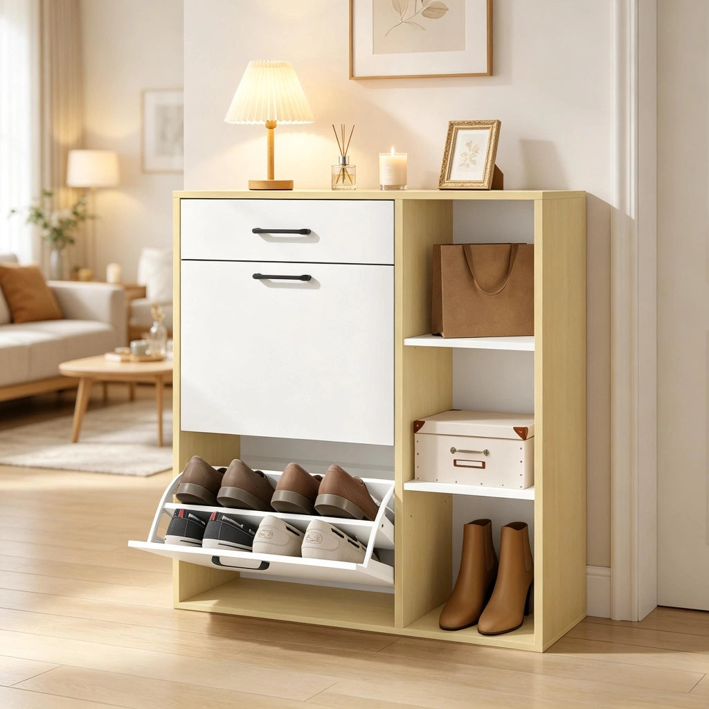 Scarpiera slim con cassetto e 2 ante a ribalta, 3 vani aperti, per ingresso e corridoio, bianco, 80 × 90 × 30 cm