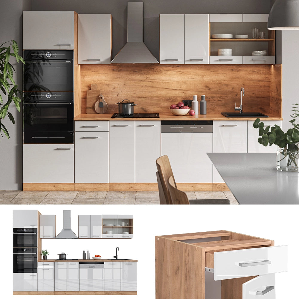 Vicco Cucina componibile Bianco lucido/oro power oak 300 cm con armadio alto, senza piano di lavoro