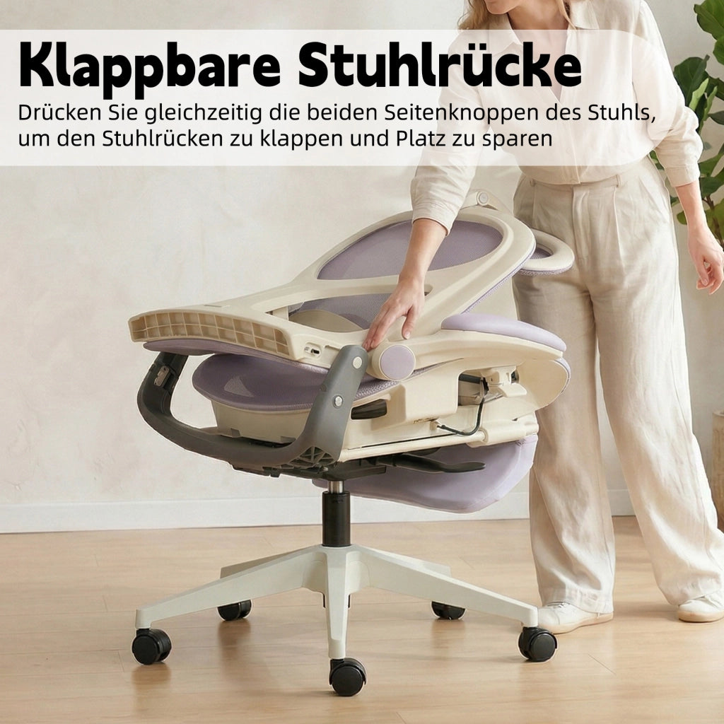 Sedia da ufficio ergonomica pieghevole con supporto lombare e poggiatesta regolabile in mesh viola per lavoro