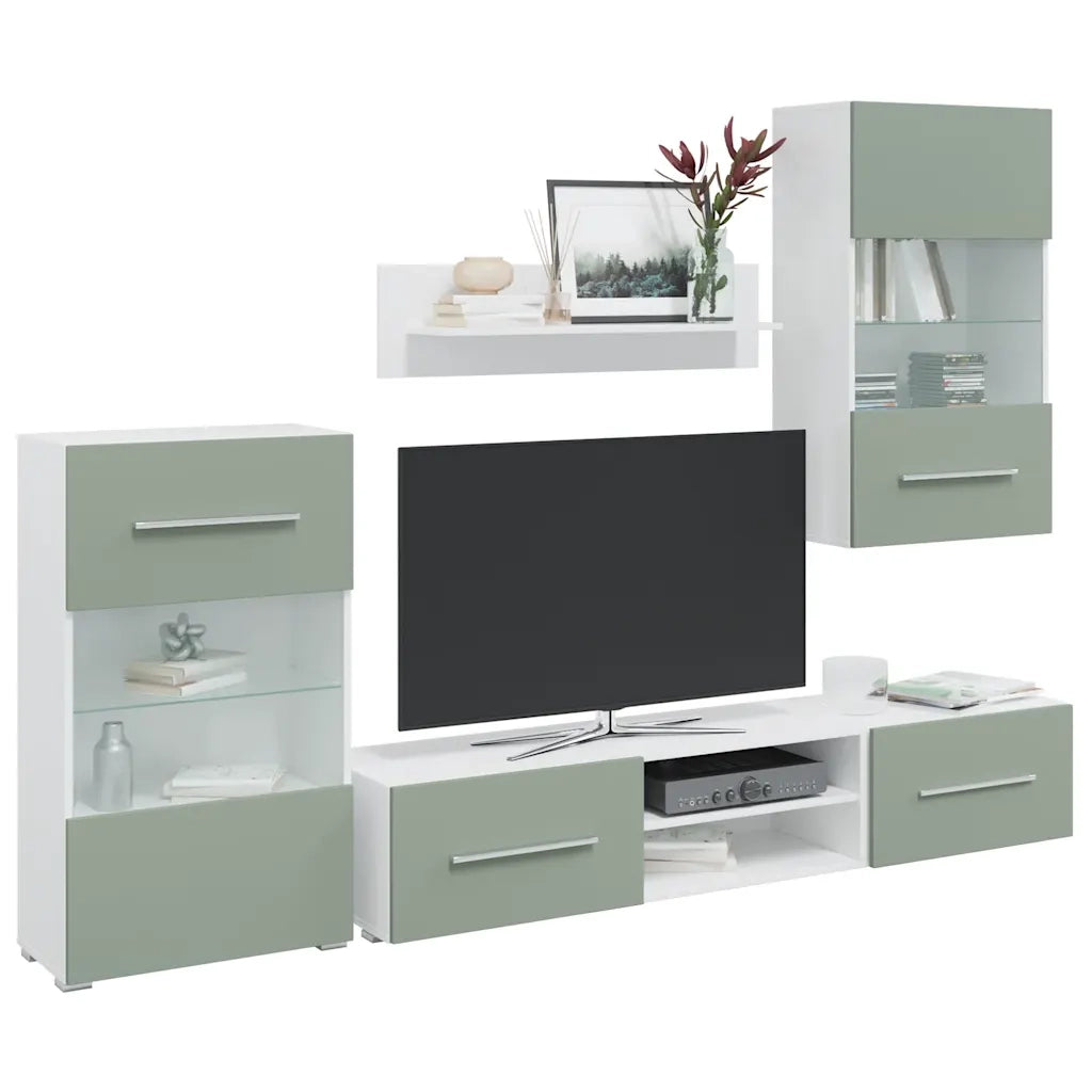 Mobile TV 5 pz con Illuminazione a LED Verde Oliva Truciolato 3324232