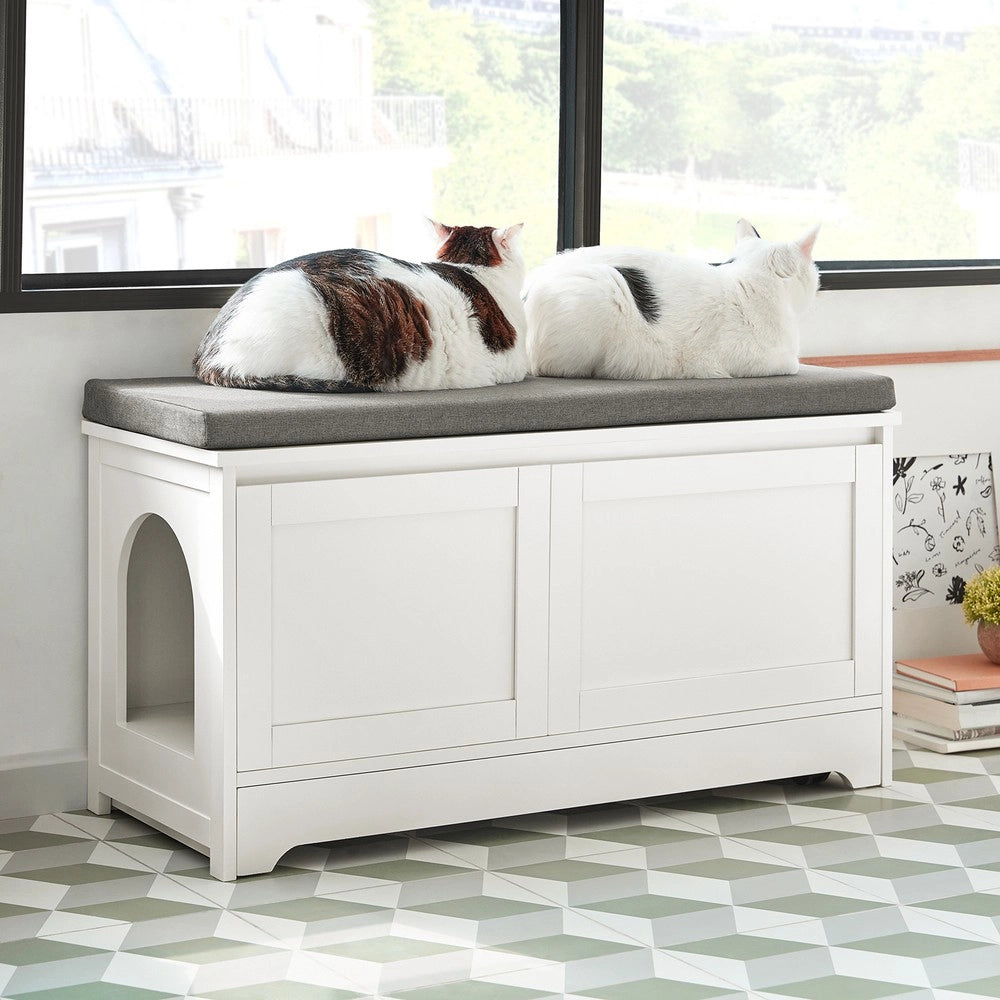 SoBuy Cuccia per gatti con ciotola per gatti in acciaio Inossidabile Panca con seduta Casetta per gatti Bianco 90x36x44cm FSR136-W