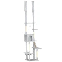 Albero Tiragraffi a Soffitto con Altezza Regolabile 225-255 cm con Casetta e Amaca, Grigio Chiaro