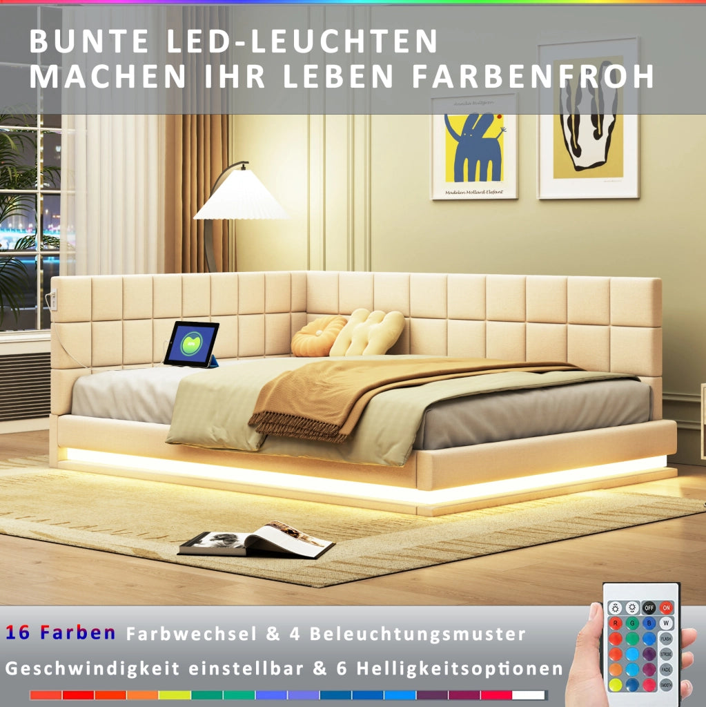 Divano letto 140x200 cm con LED multicolore; USB e rete a doghe in lino beige