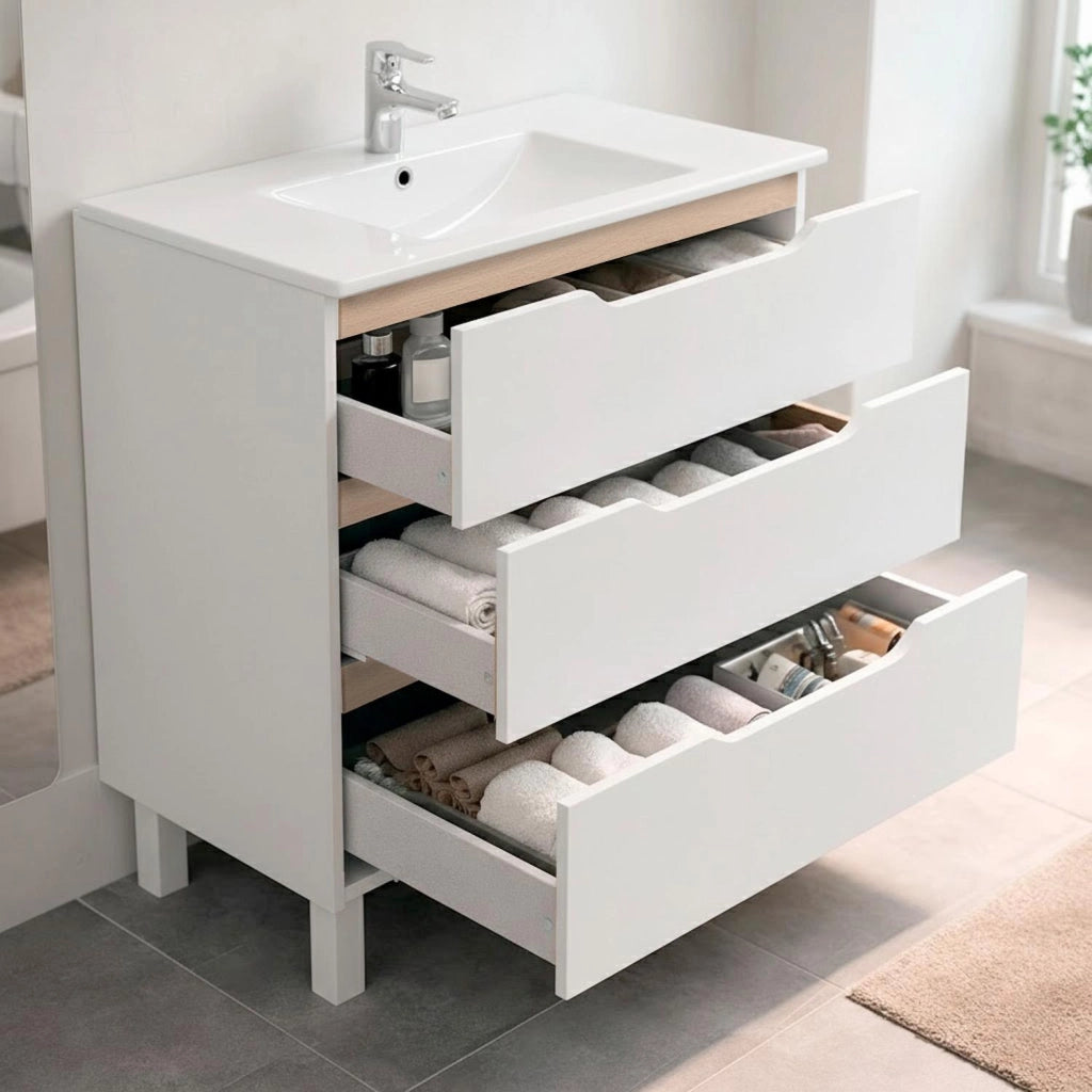 Mobile Bagno A Terra Con 3 Cassettoni Soft Close E Lavabo In Ceramica Monoforo Con Troppopieno Incluso Mobiletto Design Moderno Ed Elegante Salvaspazio 80 x 45 x 86 Cm Colore Bianco