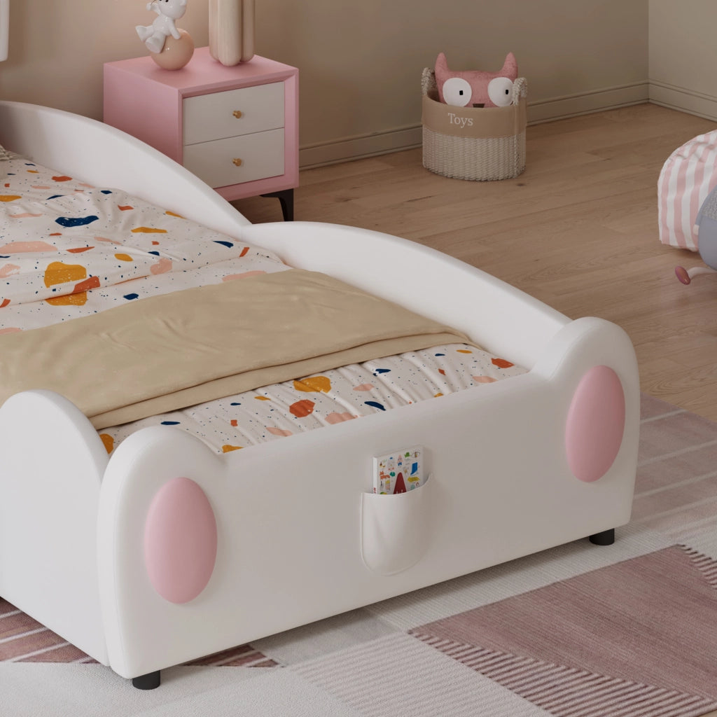OKWISH Letto Bambino 90×200 cm, Letto Singolo con Scivolo, Scaletta e Tasca Portaoggetti, senza Materasso, in PU, Bianco e Rosa