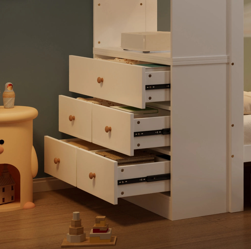 Letto singolo per bambini con contenitore laterale e 5 cassetti 90x200 cm
