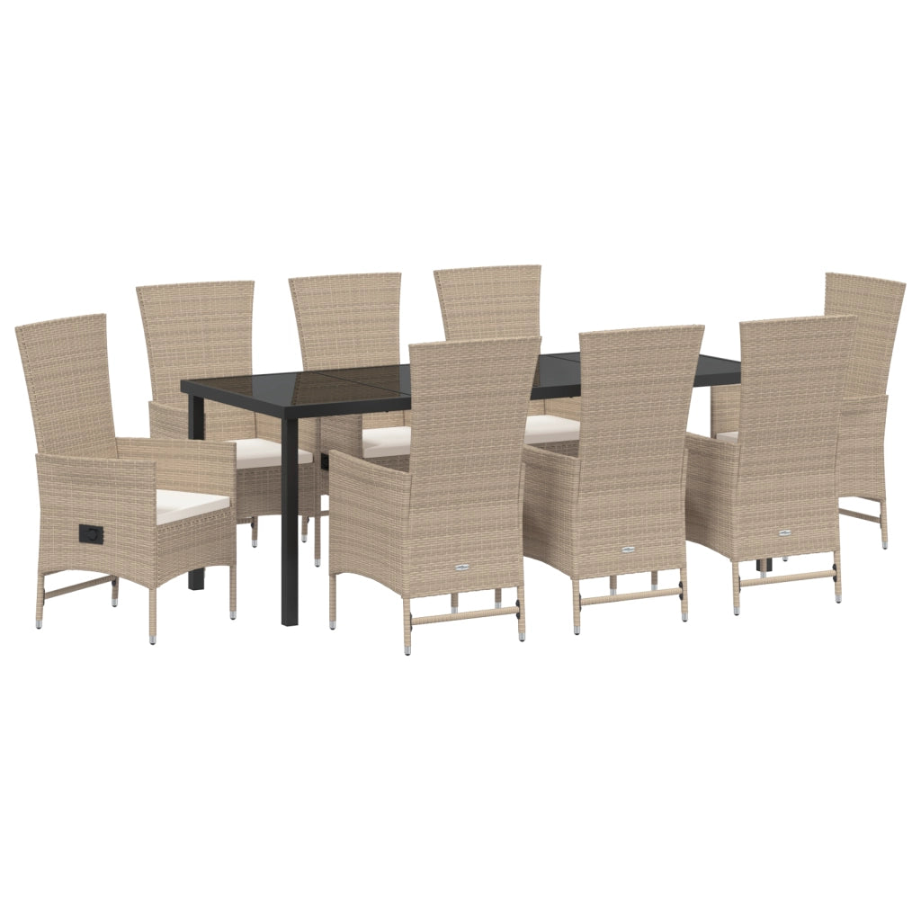 Set da Pranzo da Giardino 9 Pezzi con Cuscini Beige Polyrattan
