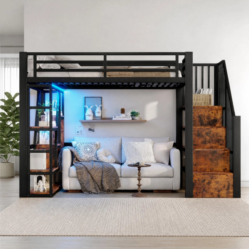 Letto a soppalco 90x200 cm in metallo e MDF con LED; scala contenitore e protezioni; nero