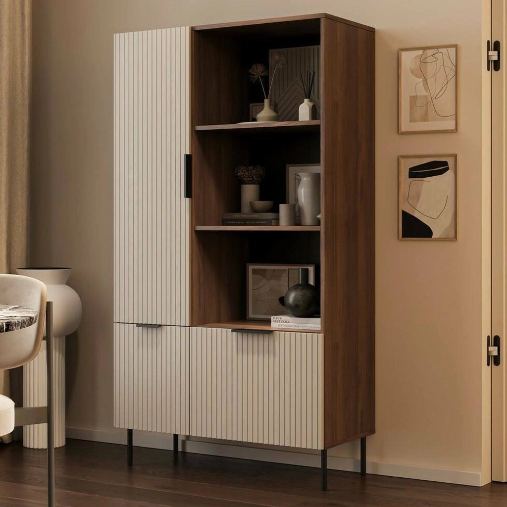 Libreria Mazze, Mobile portalibri con vani aperti e tre ante, Design moderno e minimale, 165x42 h90 cm, Noce e Beige
