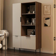 Libreria Mazze, Mobile portalibri con vani aperti e tre ante, Design moderno e minimale, 165x42 h90 cm, Noce e Beige