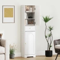 Armadietto Alto da Bagno Stretto con 2 Porte Arco Cassetto e Ripiani Regolabili Moderno 40x29,5x170 cm Bianco
