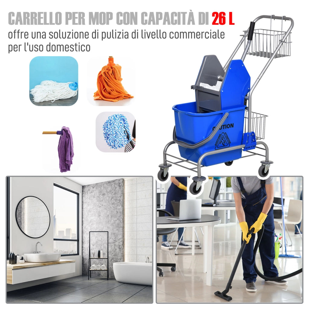 Carrello Pulizie con Secchio 26L, Mocio, Strizzatore e Cestini ¨C Zephmum ¨C Blu