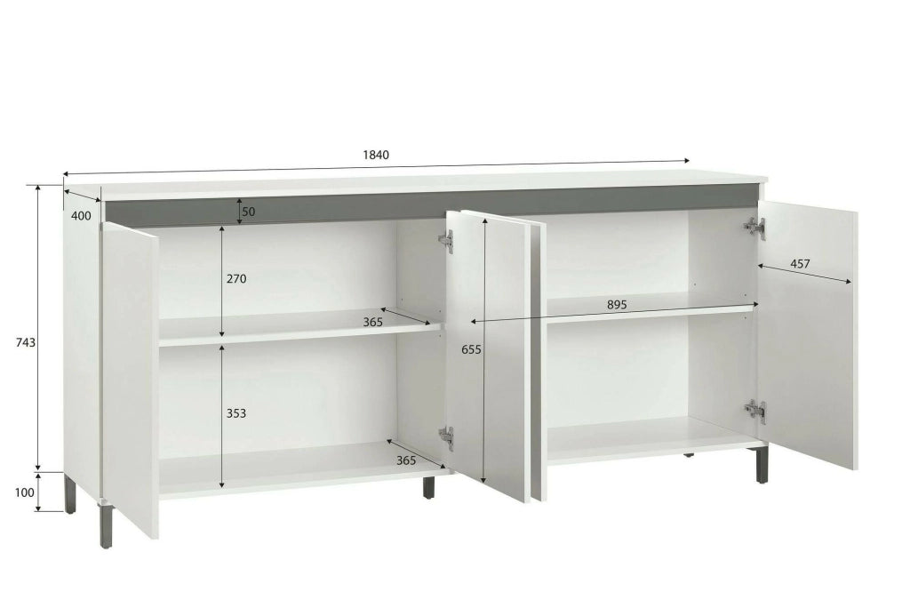 Credenza Filomena, Buffet da soggiorno, Madia da salotto, Dispensa da cucina, Made in Italy, 184x40h90 cm, Bianco lucido e Antracite