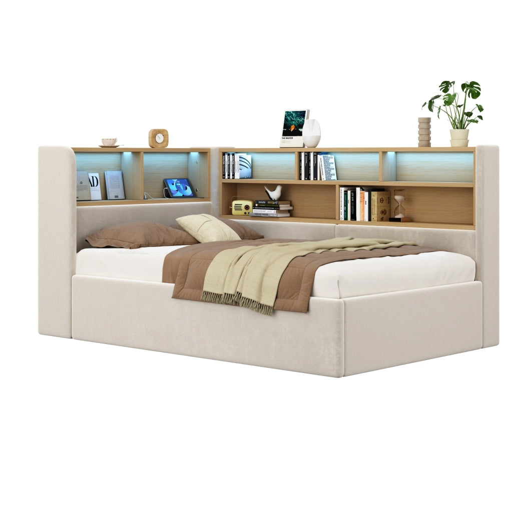 Tagesbett 90x200 cm con contenitore idraulico; LED; USB e USB-C; velluto beige