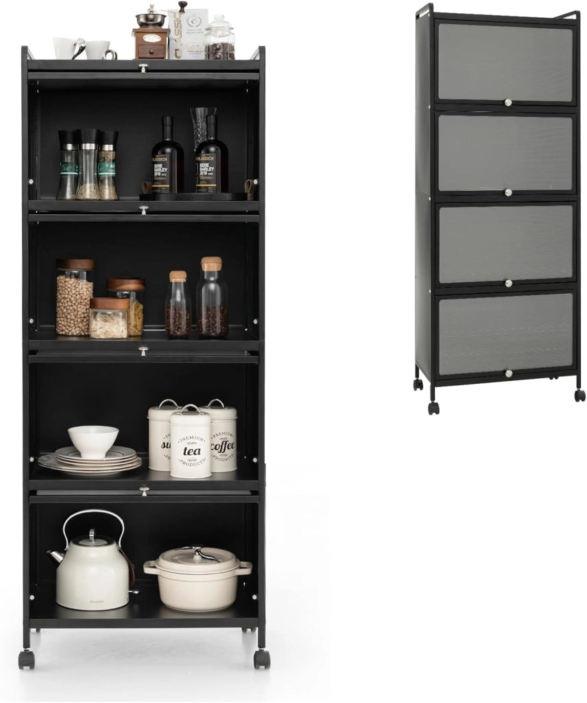Mobile Dispensa Cucina a 5 Livelli, Mensola Microonde con Anta a Vista, Ruote, Dispositivo Antiribaltamento, Scaffale da Cucina in Ferro per Soggiorno, Sala da Pranzo, 60x32x154cm (Nero)