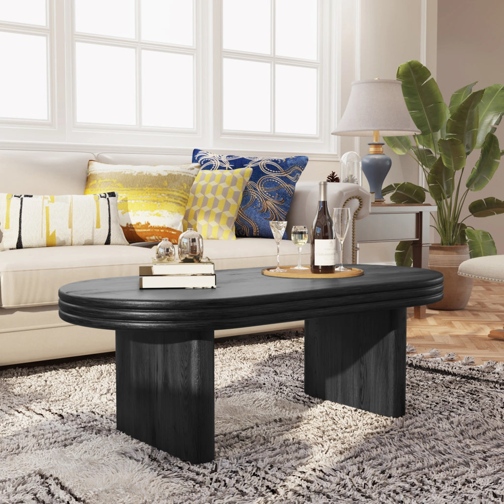 OKWISH Tavolino da Caffè Ovale con Piano Elegante, per Soggiorno o Ufficio, MDF con Impiallacciatura in Legno, Nero, 120 × 60 × 41.5 cm