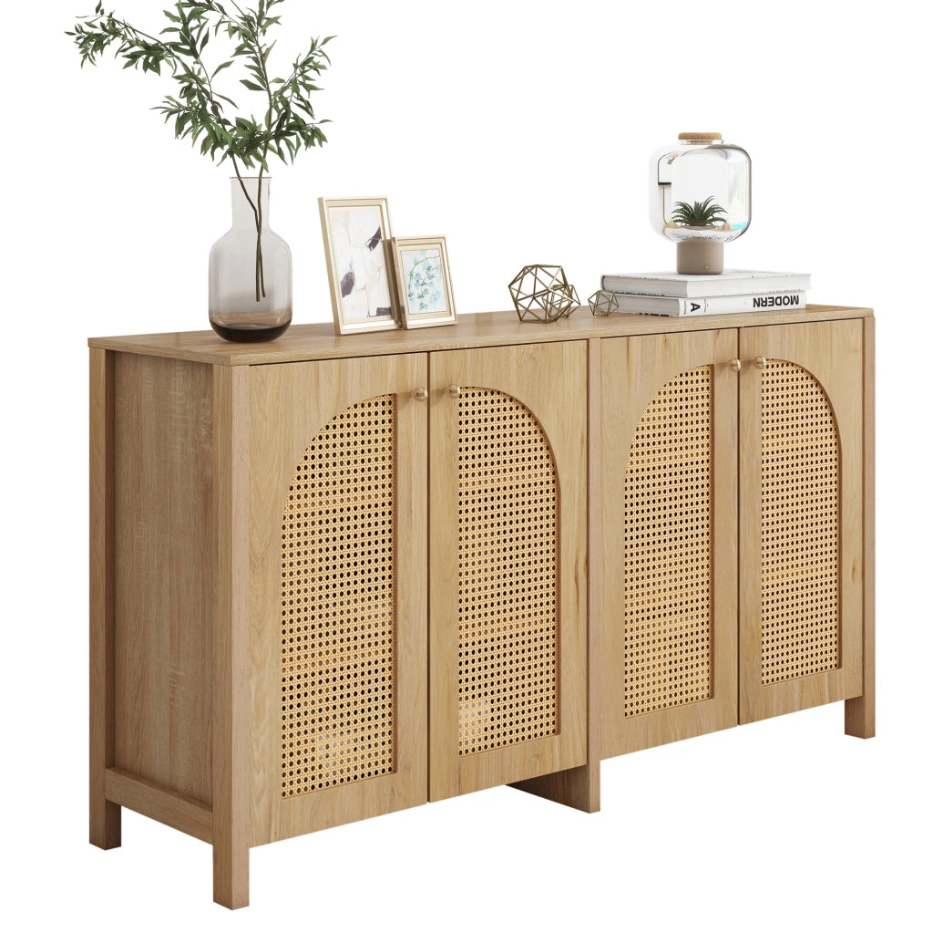 Madia 4 ante con inserti in rattan PE e ripiano regolabile; MDF colore naturale