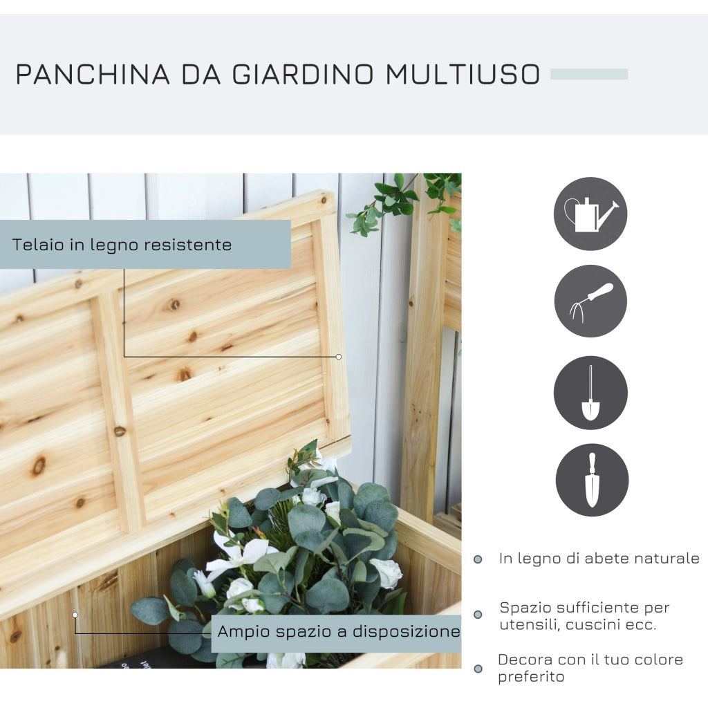 Panca Contenitore da Esterno in Legno di Abete Naturale con Schienale per Giardino e Terrazza, 115x45x75cm