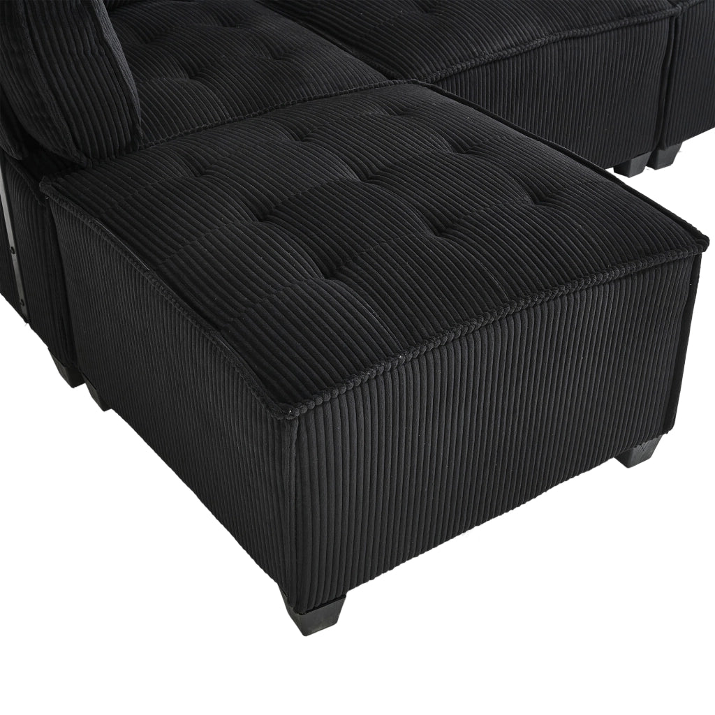 Divano Modulare 6 Posti con Tasche Laterali Design Ergonomico Convertibile a U L o Letto in Velluto a Coste Nero 308 cm