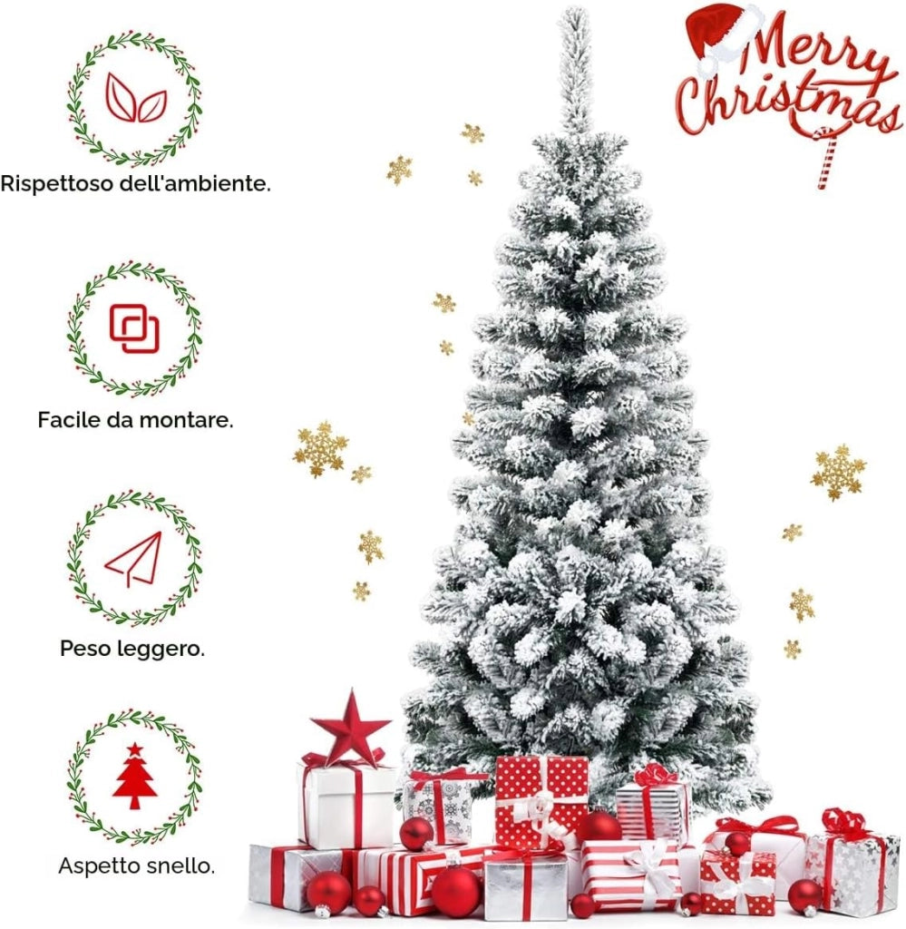 Albero di Natale con neve, albero di Natale artificiale, 225 cm, matita, albero di Natale sottile, albero di Natale artificiale come vero, albero di Natale, sistema pieghevole, albero di