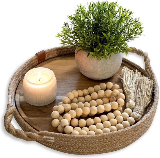 Dienblad in legno con pannelli di acacia rimovibili a rullo - piatto da tavola in rattan intrecciato - maniglie - accessori da tavola - candelabri - 100% cotone - juta - 30 cm (marrone)