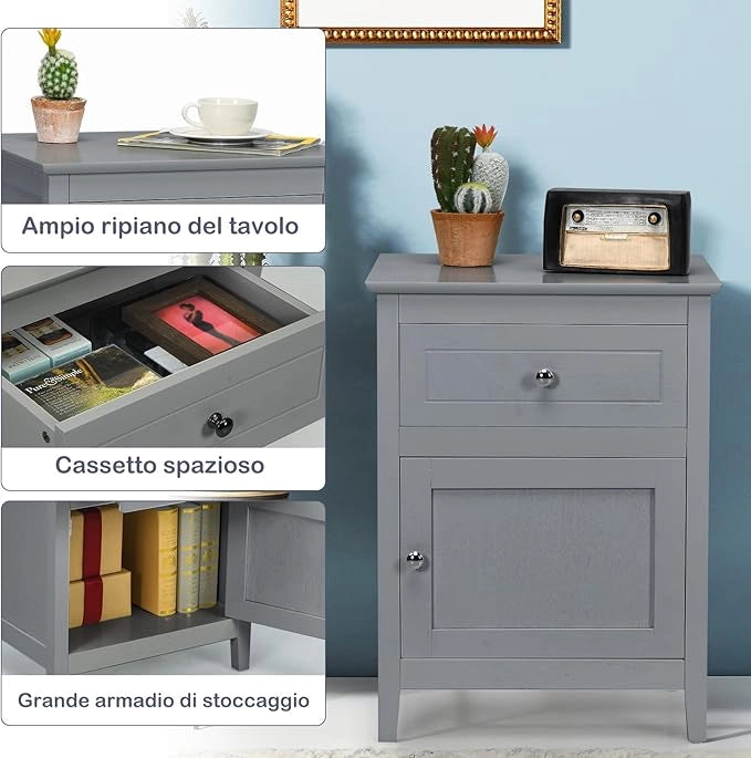 Comodino Moderno, Tavolino con 2 Livelli e Superficie Spaziosa, Mobile da Divano con Cassetto in Legno per Camera da Letto Salone e Ufficio, 48 x 38 x 63,5 cm (2, grigio)