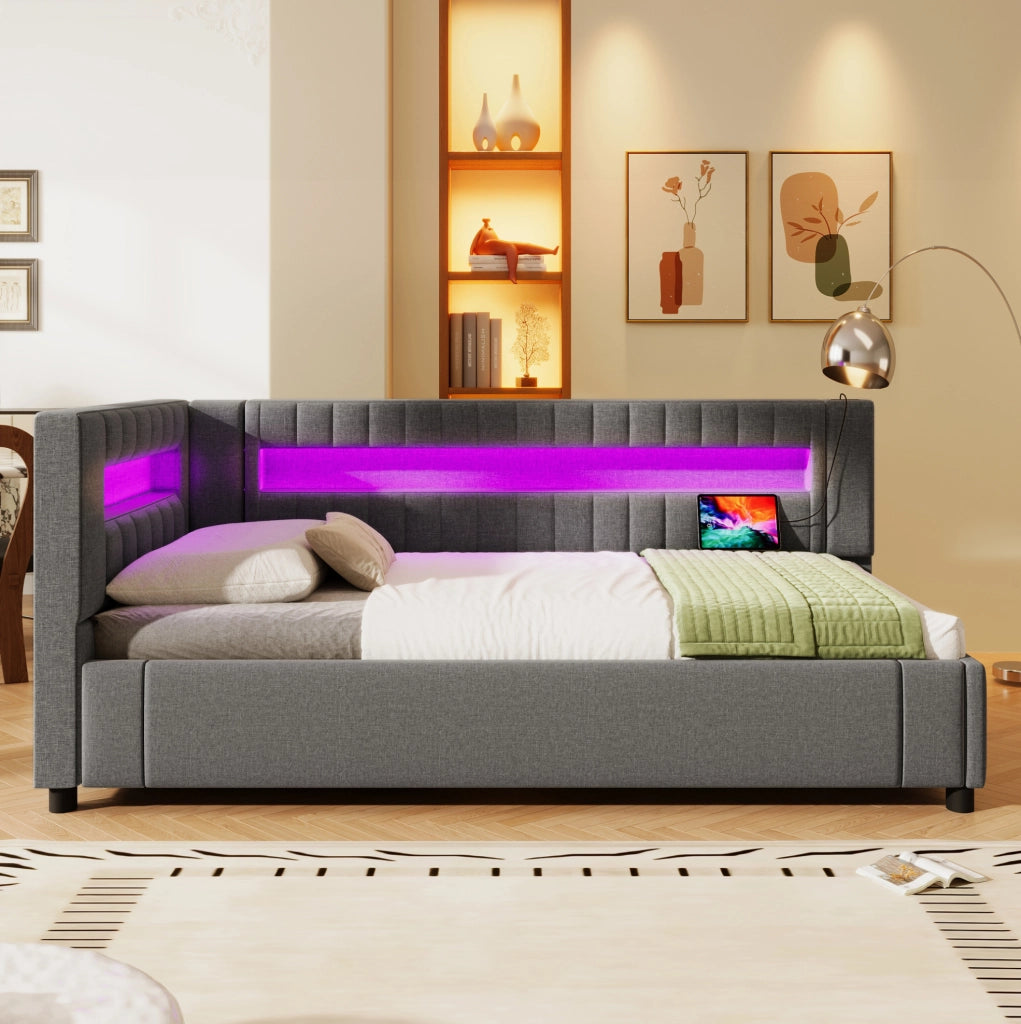 Daybed 90x200 cm grigio con LED, USB-C e vano contenitore