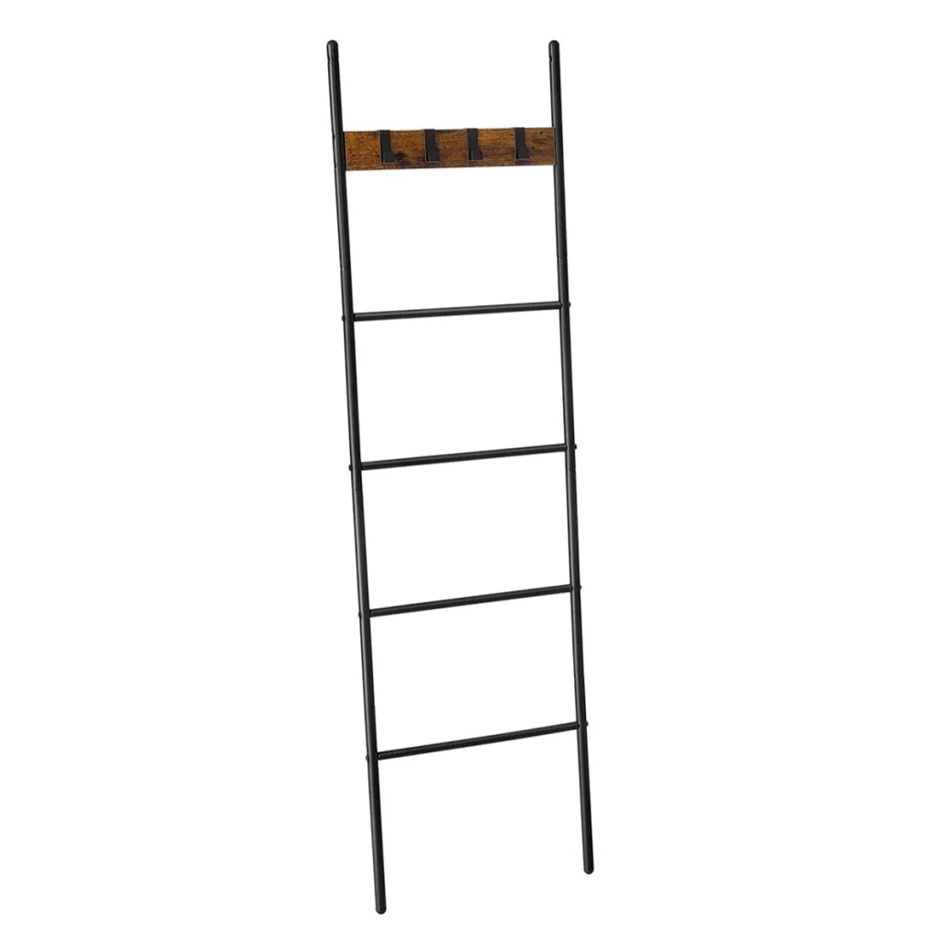 Portasciugamani a forma di scala inclinata 5 ripiani 44 x 160 cm salvaspazio struttura in acciaio 4 ganci per coperte e asciugamani stile industriale marrone rustico e nero 12_0002722