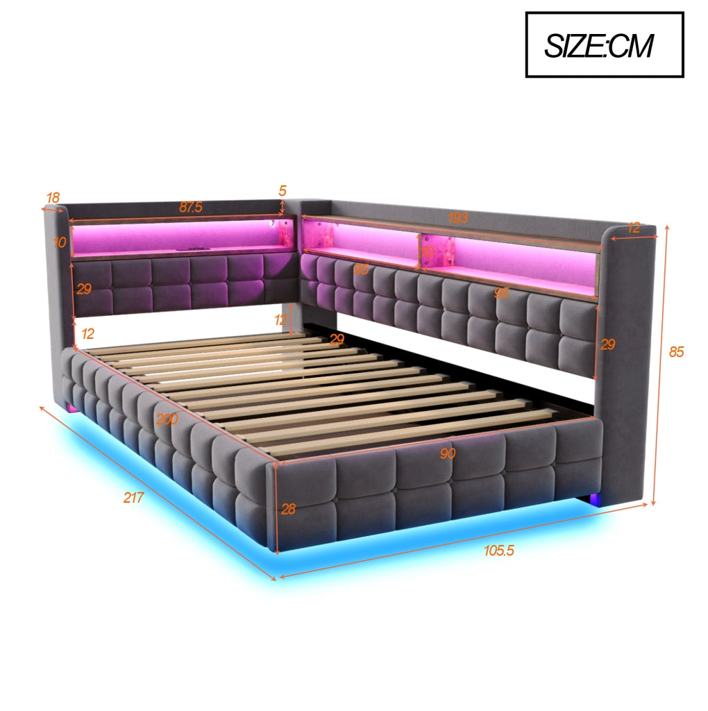 Divano letto 90x200 cm con vano idraulico, LED e prese USB-C in velluto grigio
