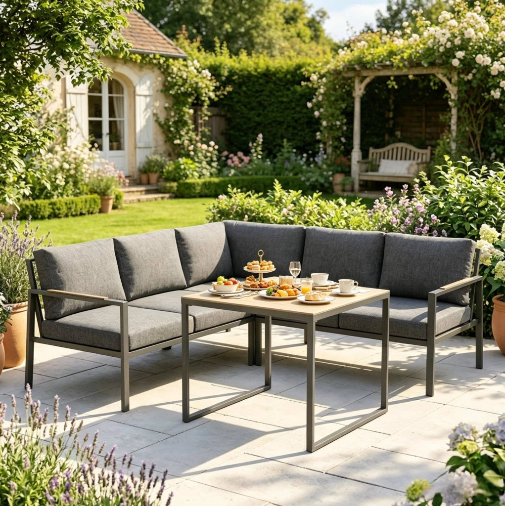 Set lounge da giardino angolare L 5 posti 183x183 cm in metallo e tessuto grigio scuro
