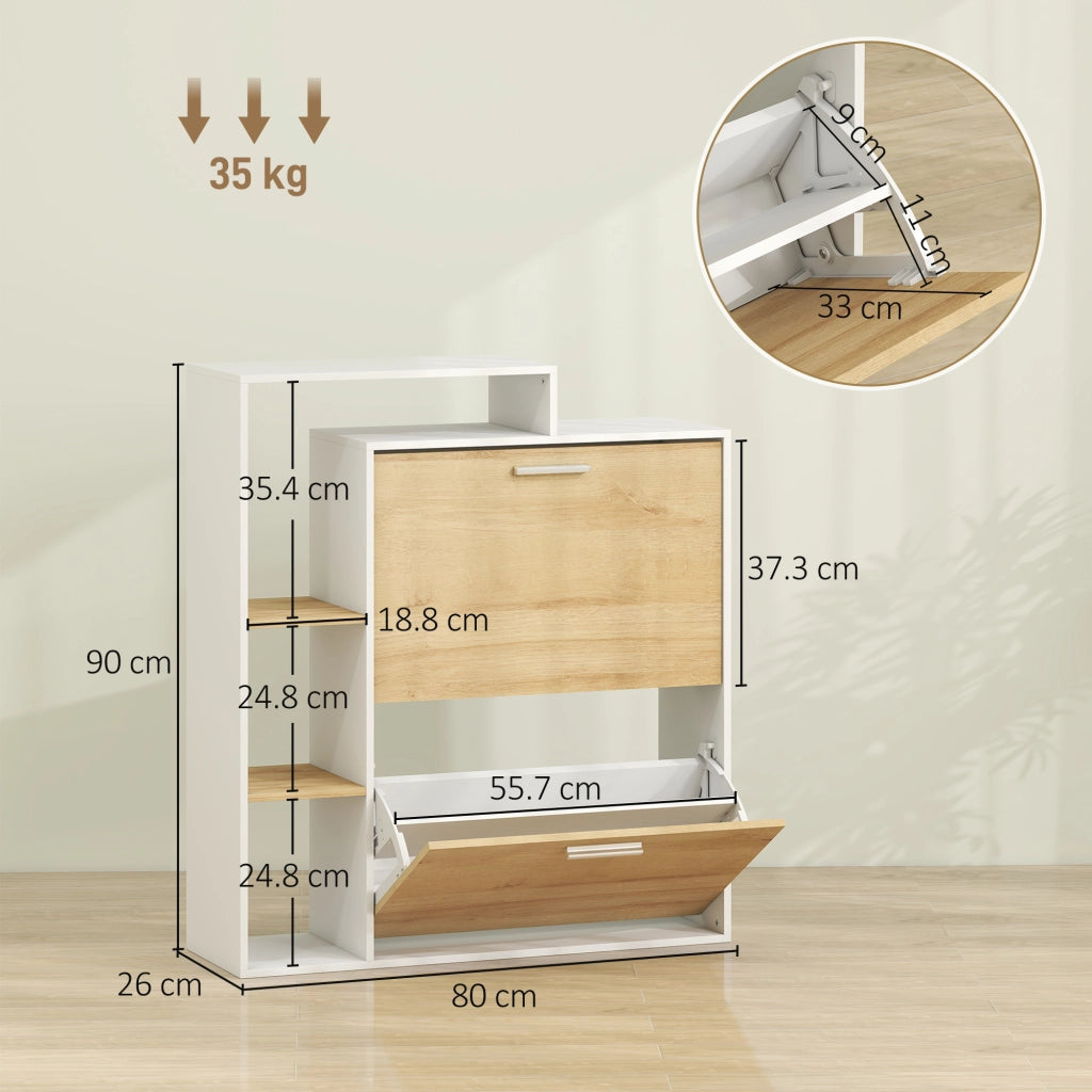 Mobile Portascarpe con 2 cassetti ribaltabili e ripiani. Bianco e Legno Naturale.